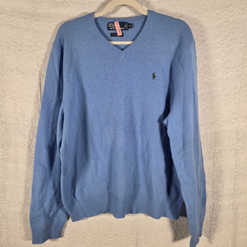 Polo Ralph Lauren Mens XL Light Blue 100% Lambswool V-Neck Sweater Italian Yarn